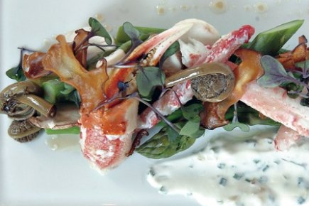 Salade au crabe des neiges, têtes de violon et fromage frais faisselle